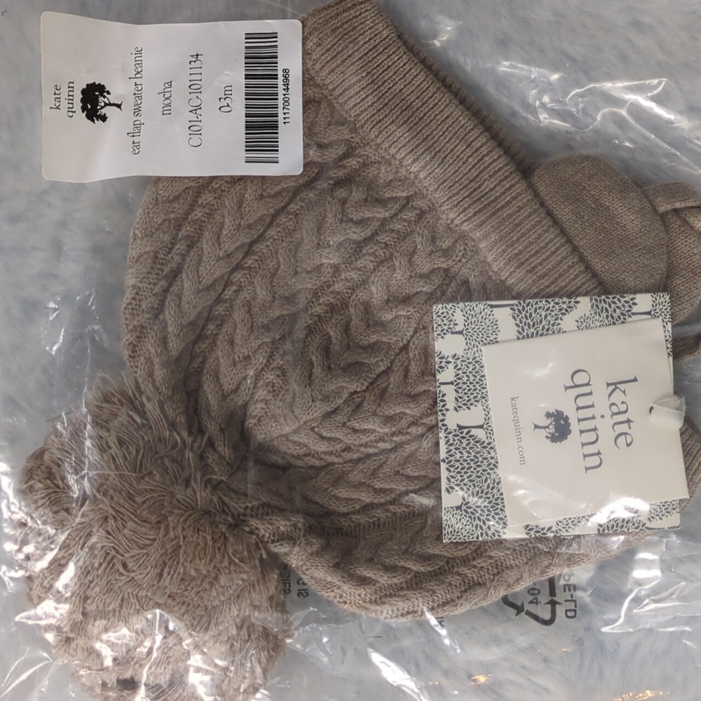 NWT 0-3M Kate Quinn Ear Flap Sweater Beanie Mocha Tan Cable Knit